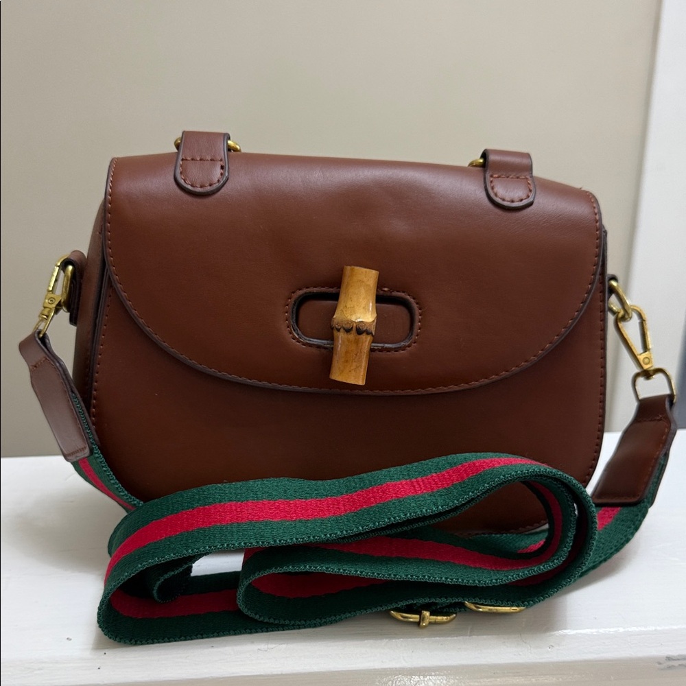Brown Leather Crossbody Bag with Bamboo Accent